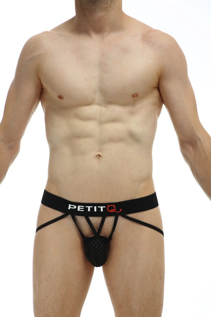 Black petitq brand men’s briefs jockthong aissey bee black with mesh front panel and supportive straps