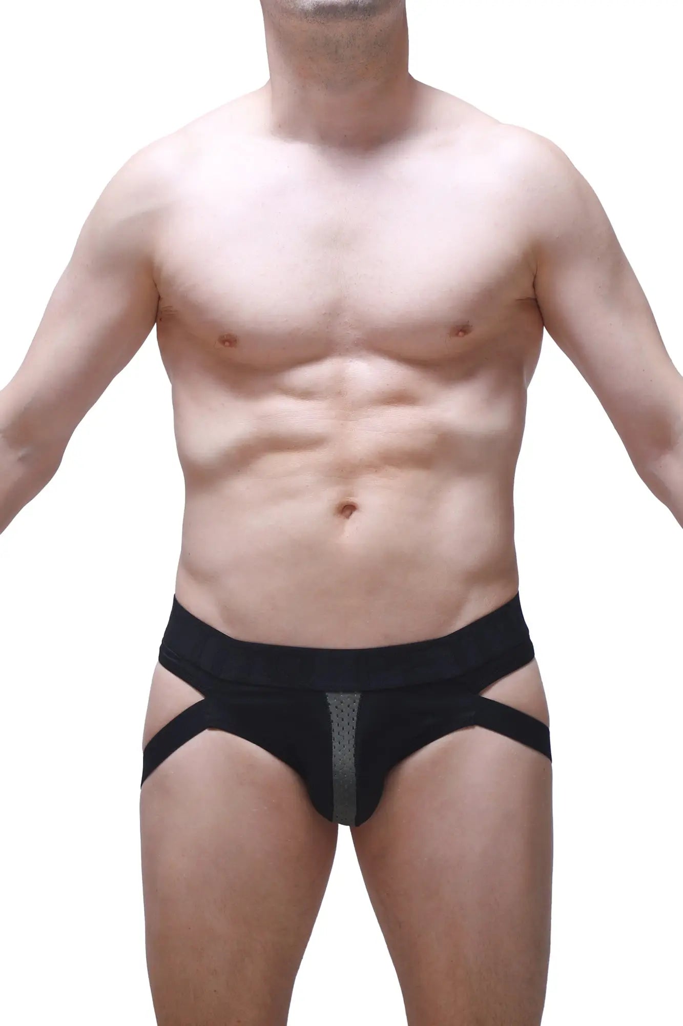 Black jockthong barie bee green athletic briefs with central gray mesh panel and diagonal side straps