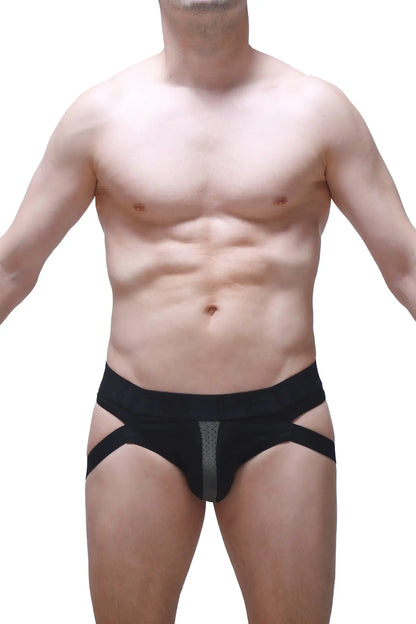 Black jockthong barie bee green athletic briefs with central gray mesh panel and diagonal side straps