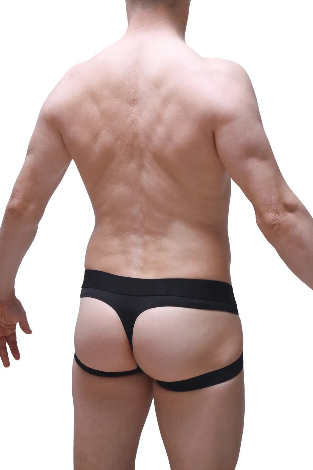 Black jockthong barie bee green thong underwear with wide waistband and thin side straps shown from the back
