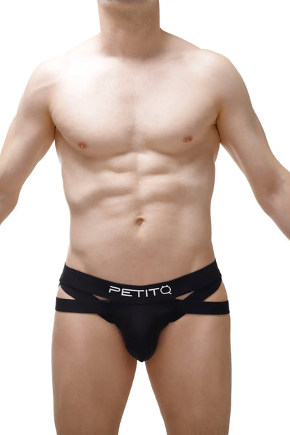 Black petitq branded briefs with cut-out side panels and sleek modern design in jockthong bost black 2023