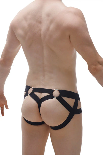 Black leather harness style jockthong bust net briefs with silver metal rings showing front view