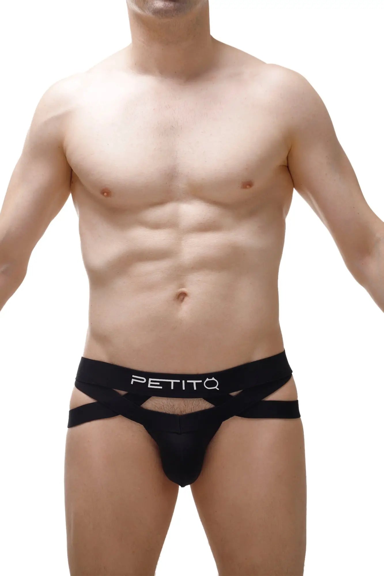 Black petitq jockthong bust briefs 2023 with crisscross design and white logo on waistband front view