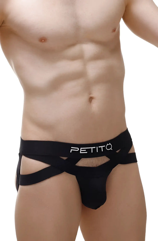 Black petitq men’s briefs with crisscross design and elastic waistband from jockthong bust petitq 2023 collection