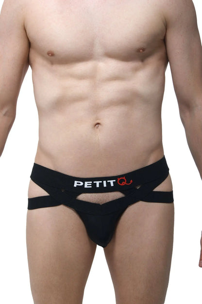 Black petit q jockthong bust men’s briefs with cut-out design and brand logo on waistband front view
