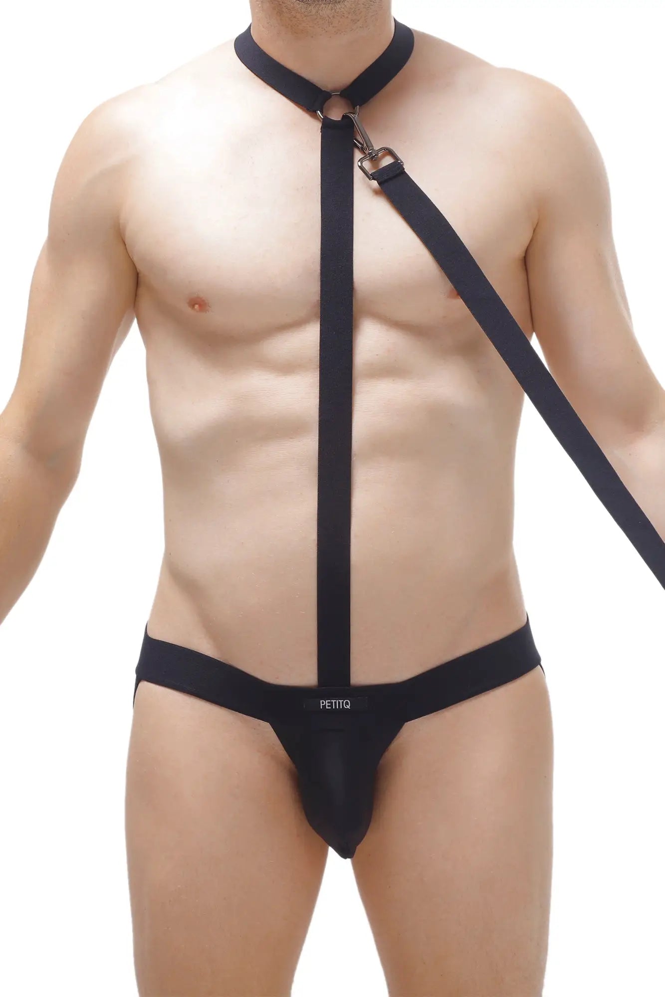 Black leather jockthong doggy harness with adjustable straps and metal hardware shown from the back side