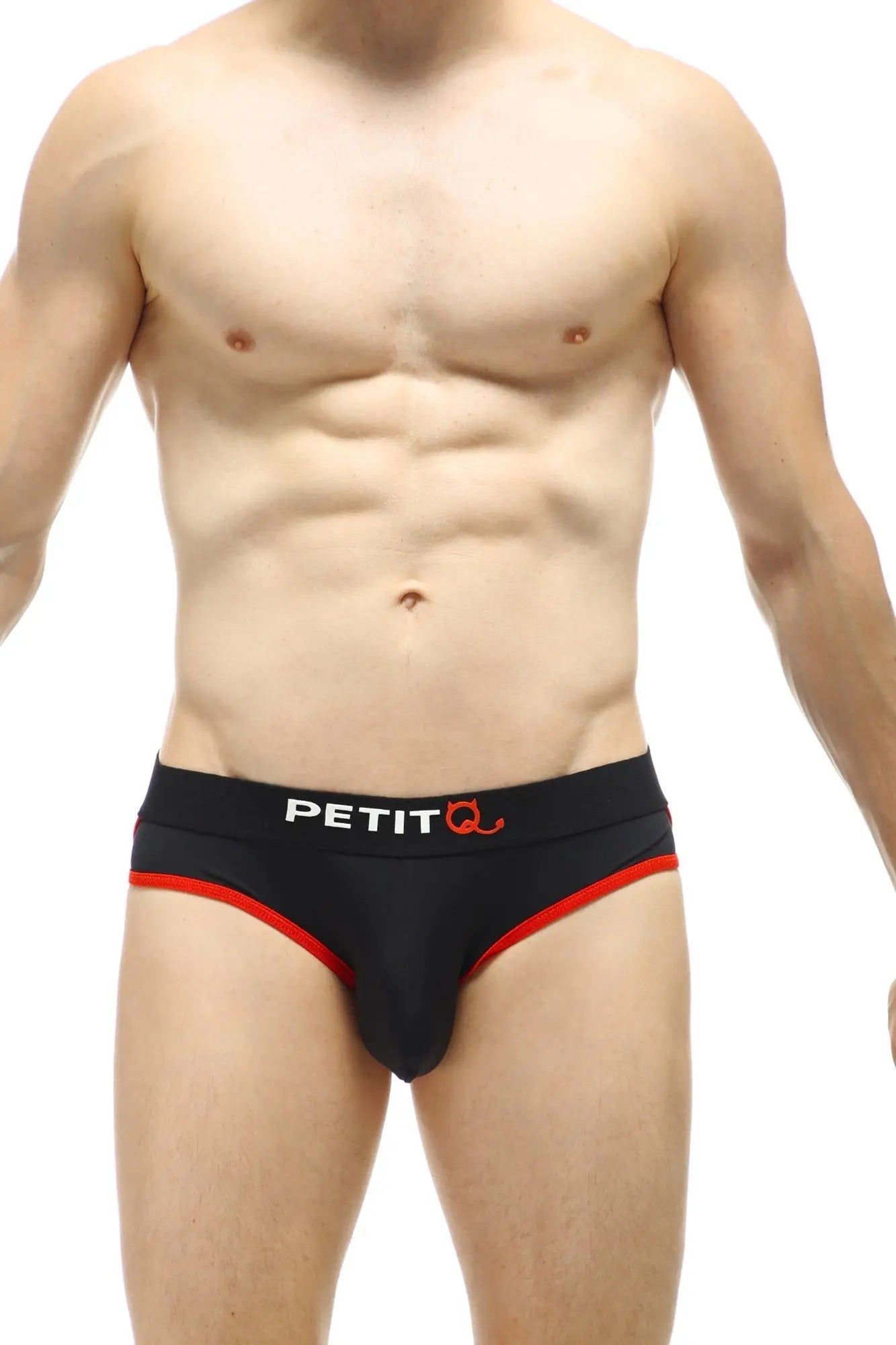 Black petitq briefs jockthong elne black with red trim and white logo front view in breathable fabric