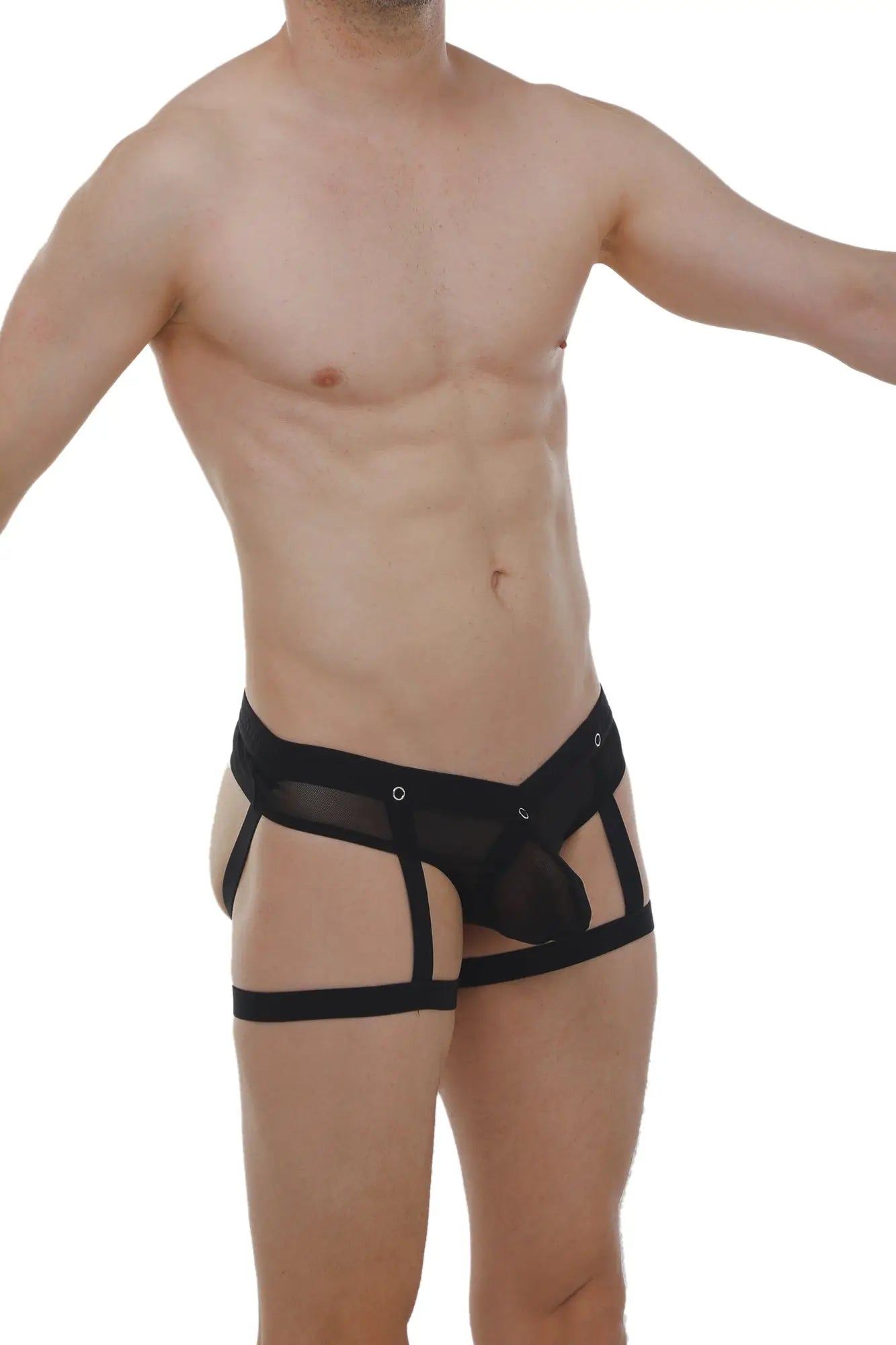 Black mesh and fabric jockthong briefs with strappy supportive design and ring detail in front view