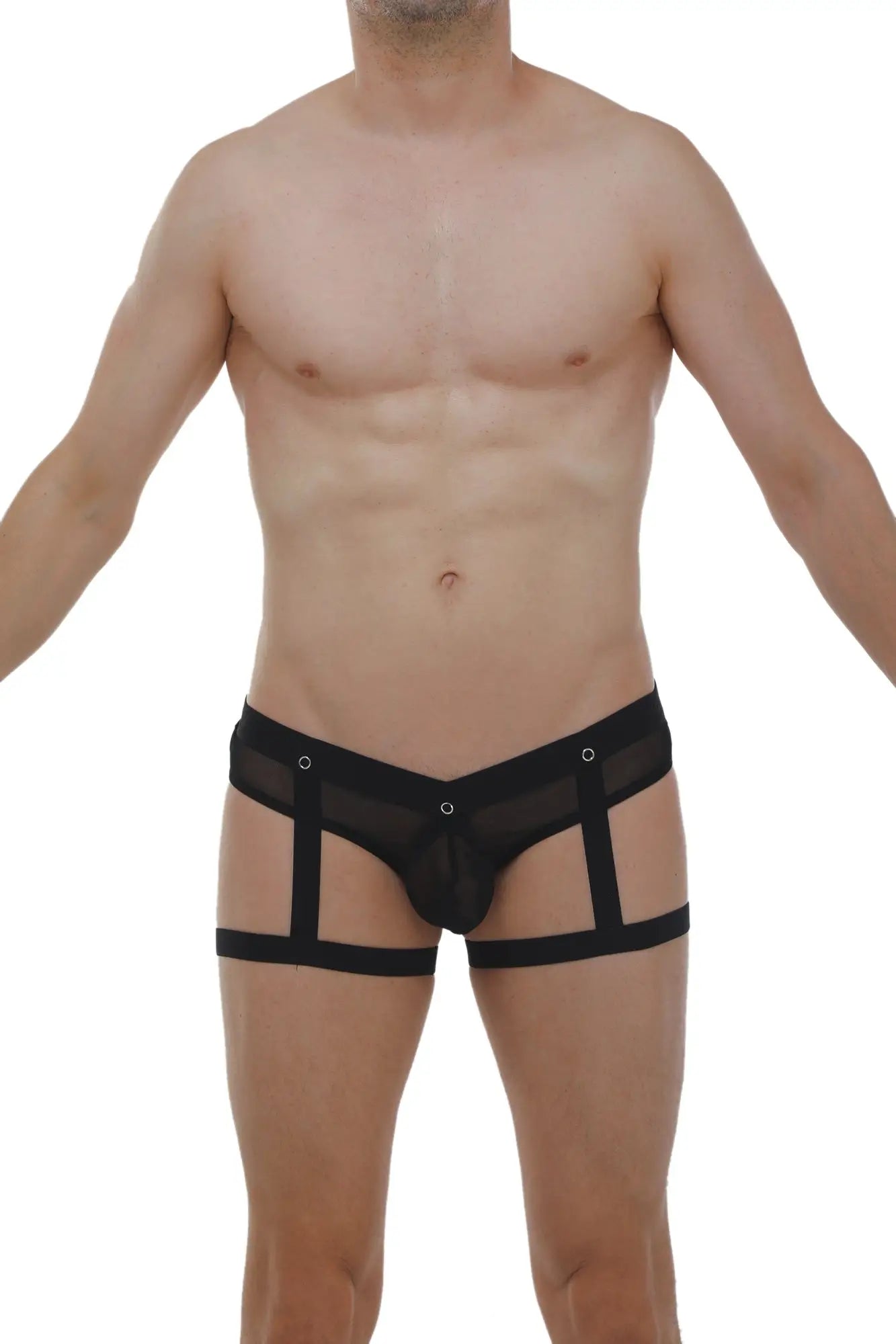 Black mesh jockthong garter briefs with a strappy design and ring detail showing the back side