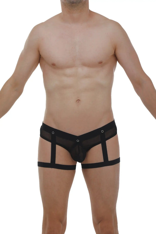 Black mesh jockthong garter briefs with a strappy design and ring detail showing the back side