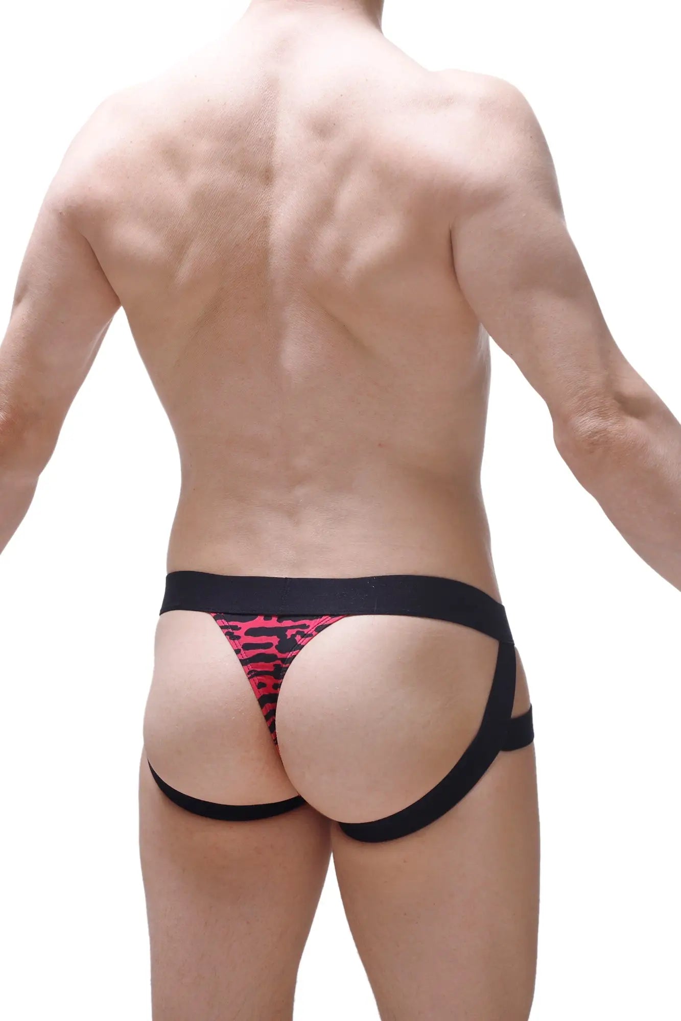 Black and pink leopard-print jockthong mijoux ascan briefs with a supportive strappy design