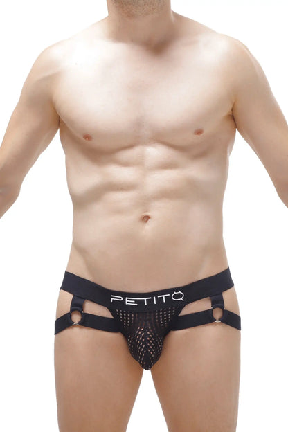 Black mesh and fabric men’s jockthong underwear with petitq branded waistband in mijoux durtol black color
