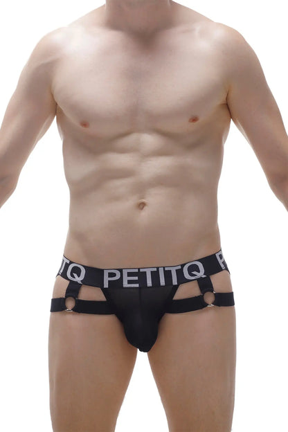 Black petitq jockthong mijoux net briefs with a mesh front and adjustable straps featuring silver metal rings