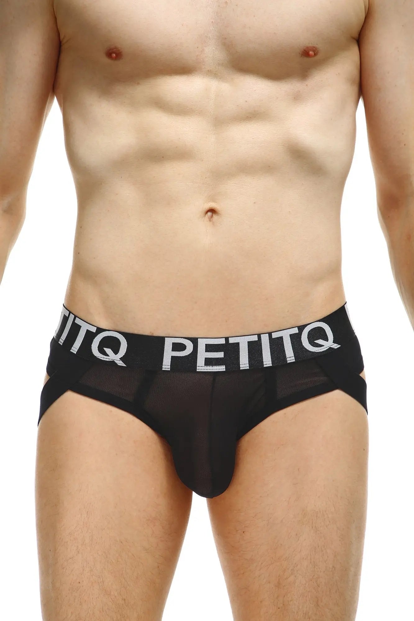 Black mesh jockthong net briefs with bold white petitq logo band and breathable design