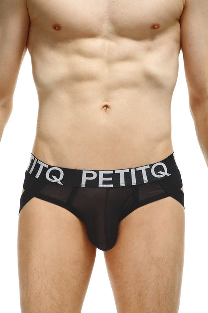 Black mesh jockthong net briefs with bold white petitq logo band and breathable design