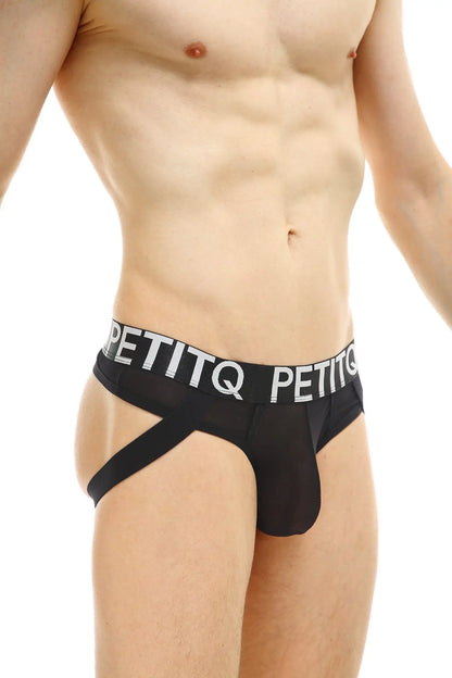 Black petitq brand jockthong net briefs with white logo band and side straps shown from the back side