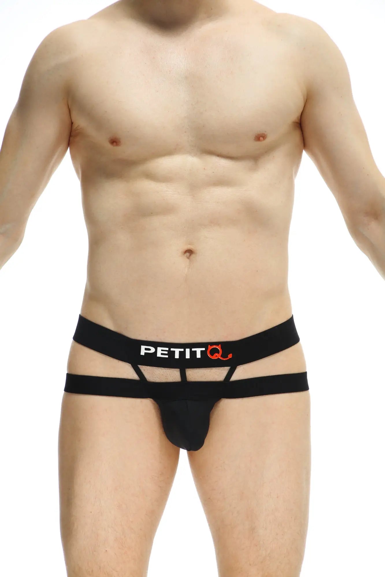 Black petitq jockthong rider bost mens briefs with two horizontal hip straps and elastic waistband visible from back