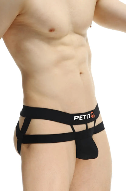 Black petitq brand men’s briefs jockthong rider bost black with crisscross design and supportive contoured pouch