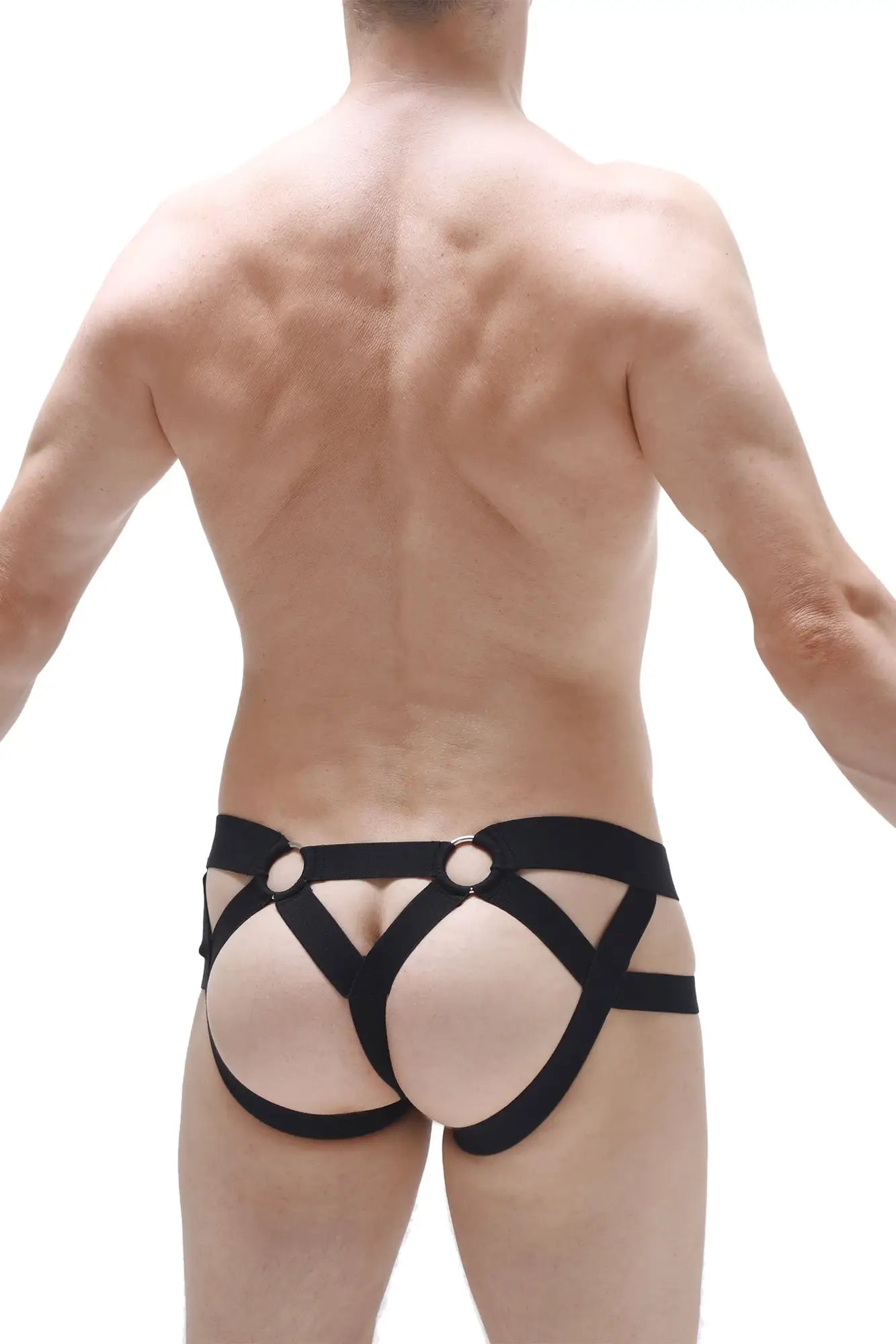 Black leather harness-style briefs with circular metal rings jockthong rider bost net black design