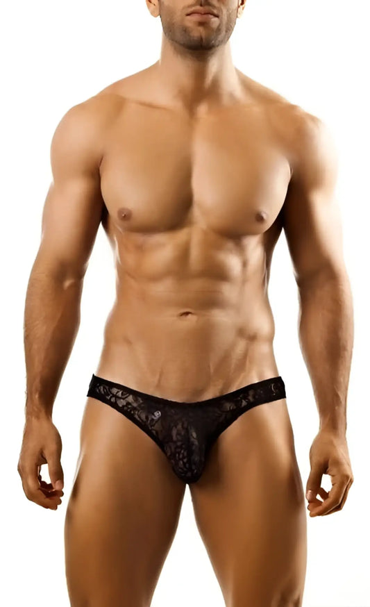 Black lace thong from joe snyder bikini classic mesh with intricate floral pattern and sheer mesh material