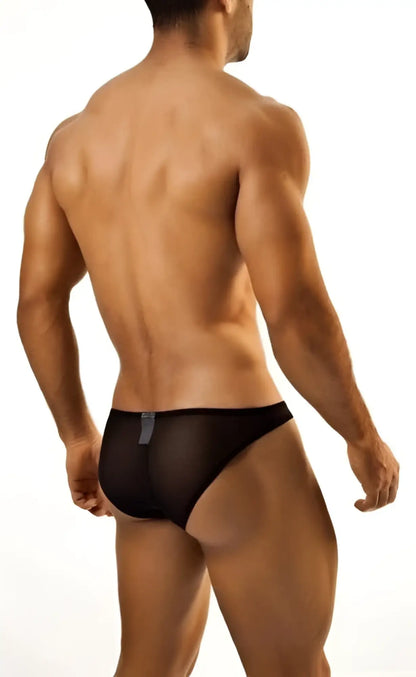 Black mesh briefs with a sleek form-fitting design and a small silver tag at the back from joe snyder bikini classic mesh