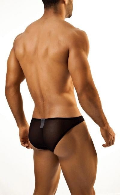 Black mesh briefs with sleek form-fitting design and small silver tag at back joe snyder bikini classic mesh