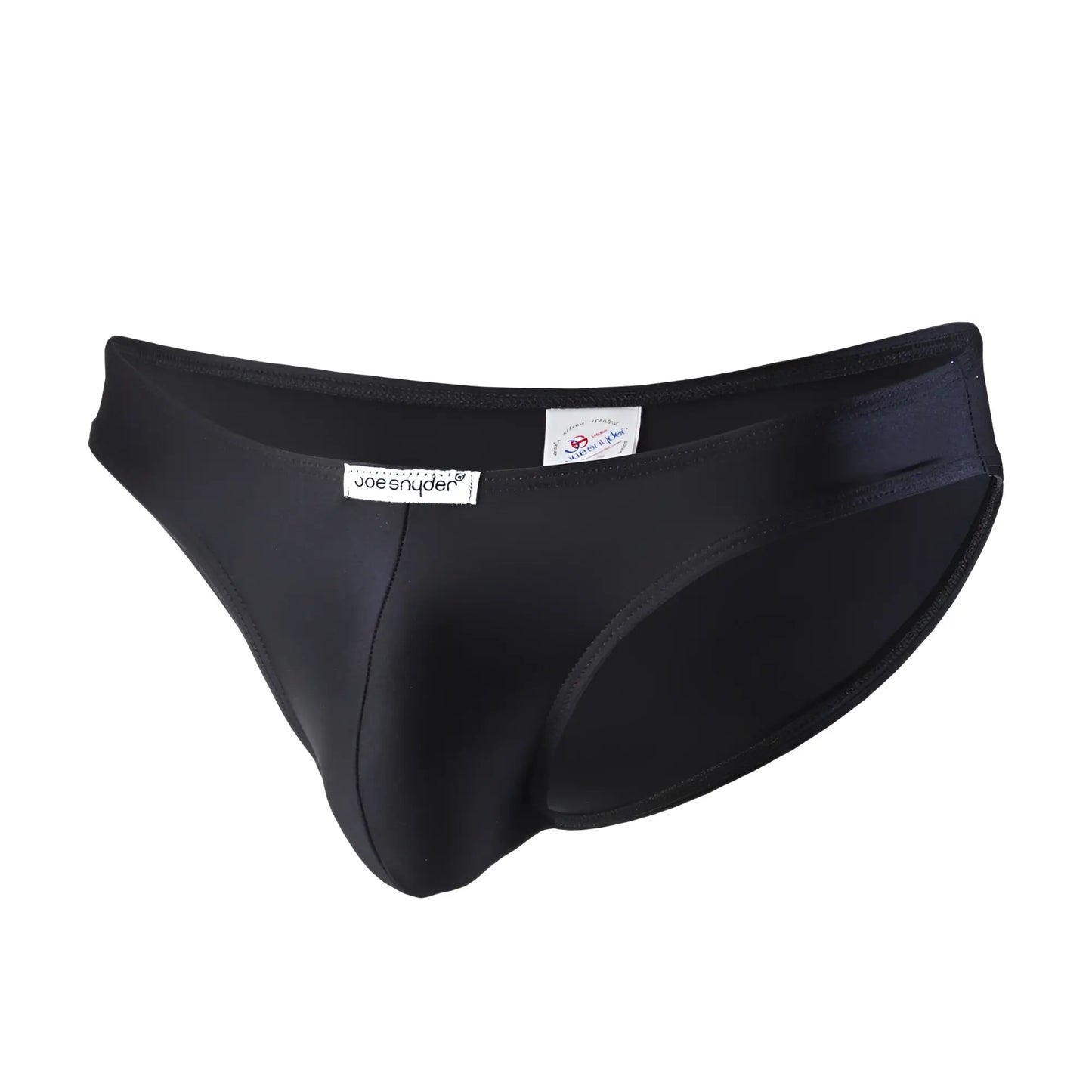 Black joe snyder men’s briefs with smooth form-fitting polyester fabric and sleek minimalist design visible from the front