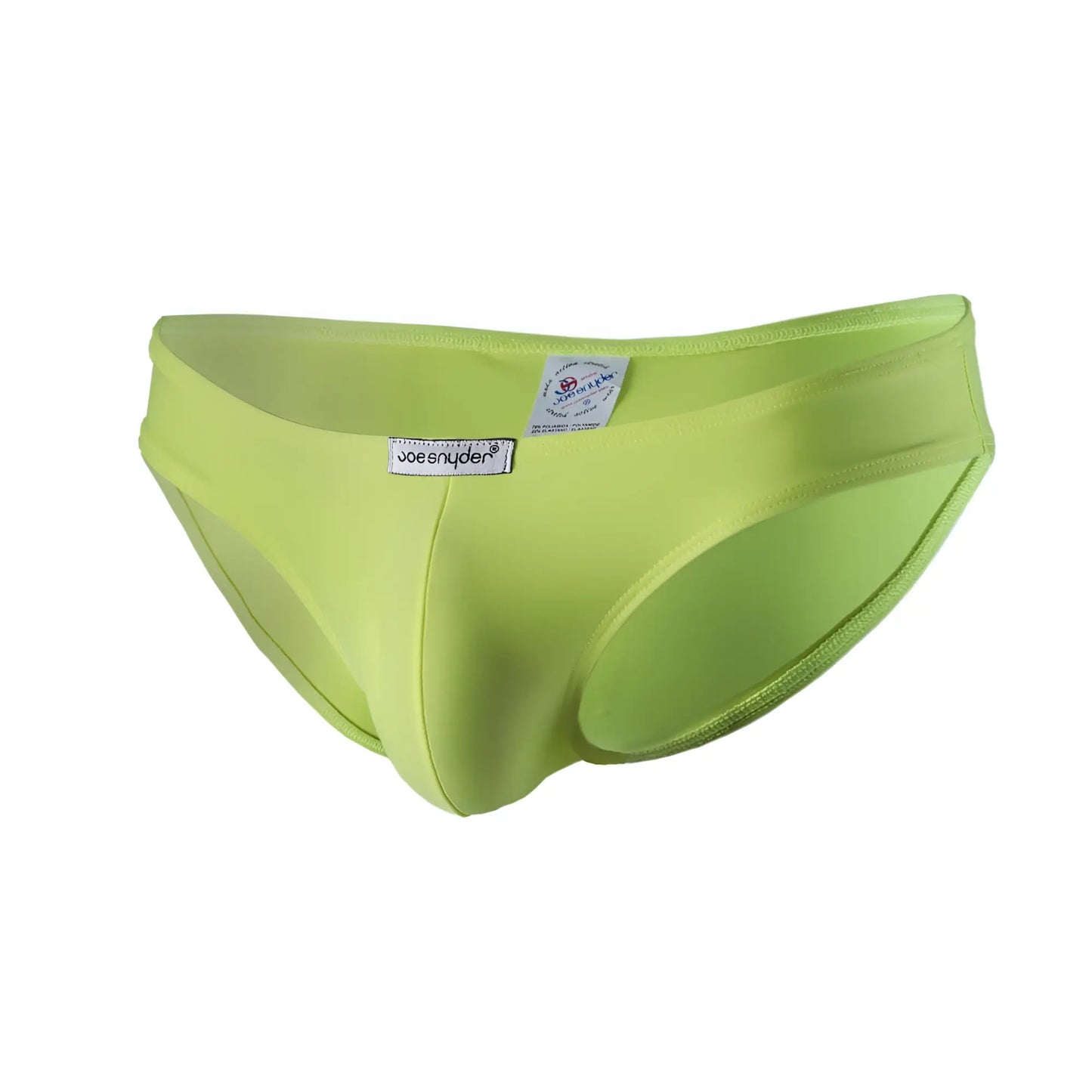 Bright lime green joe snyder bikini classic polyester men’s briefs with smooth form-fitting fabric and branded waistband