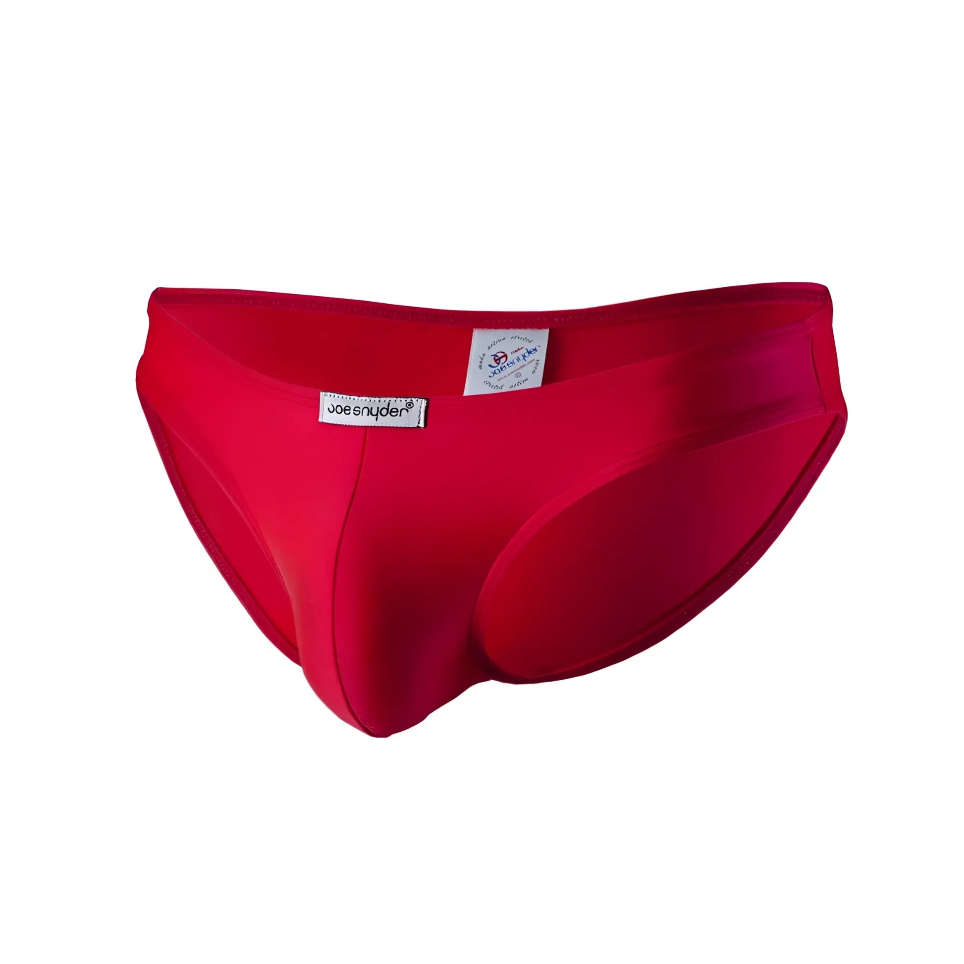 Bright red joe synder bikini classic polyester men’s swim trunks with smooth form-fitting design