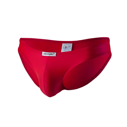 Bright red joe synder bikini classic polyester men’s swim trunks with smooth form-fitting design