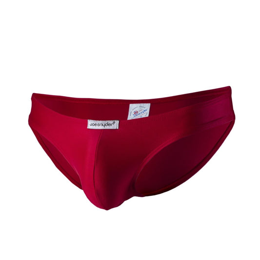A vibrant red form-fitting men’s brief by Joe Snyder made of polyester for classic bikini style underwear