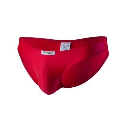 Bright red joe synder men’s swim trunks with smooth form-fitting design in classic polyester fabric