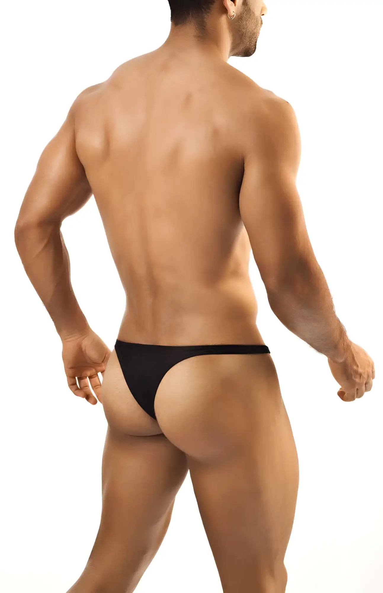 Black joe snyder bulge bikini thong with smooth seamless design and form fitting fabric shown from the back side