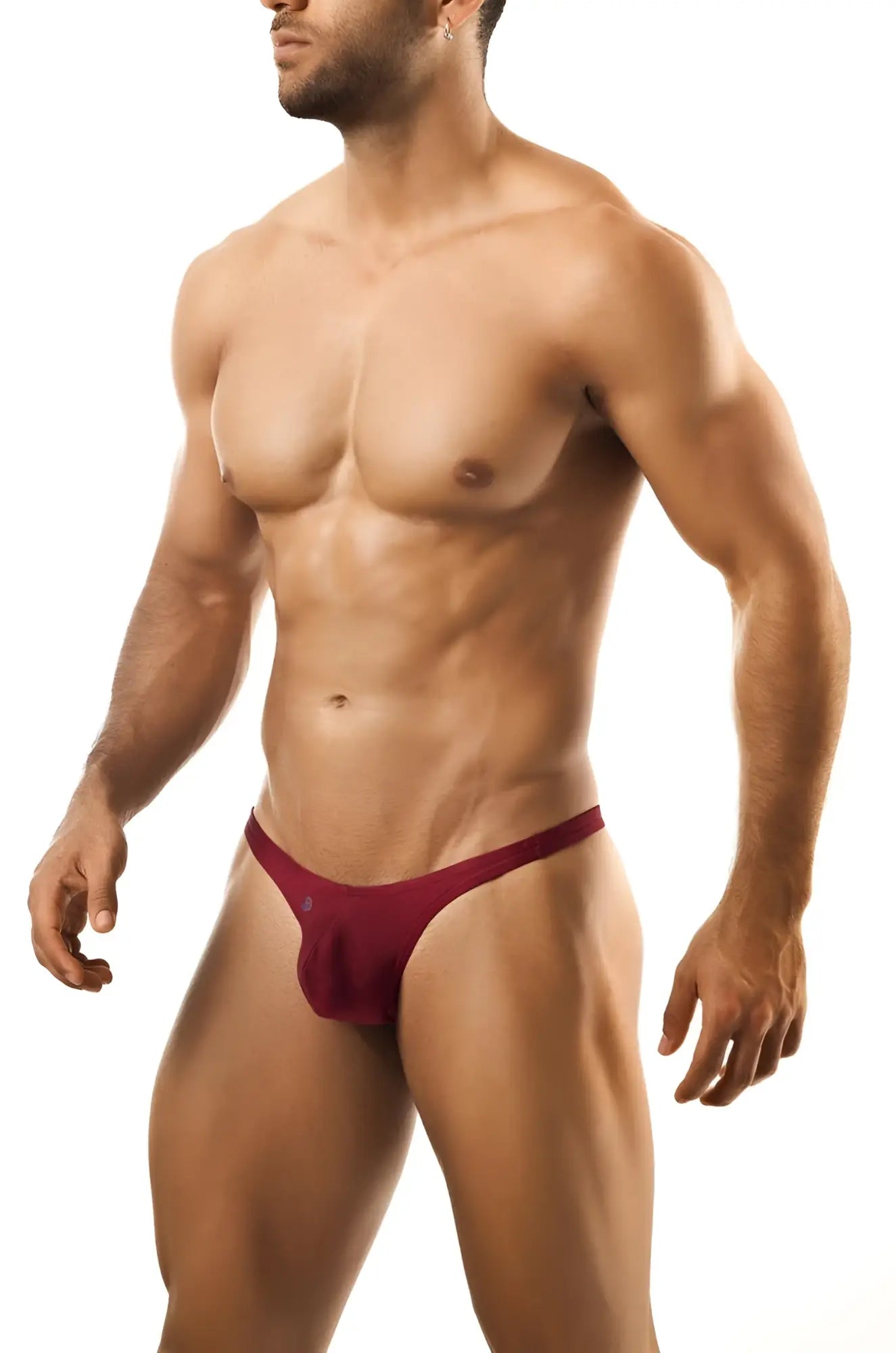 A maroon smooth fabric form-fitting thong from Joe Snyder bulge bikini shown from the back side