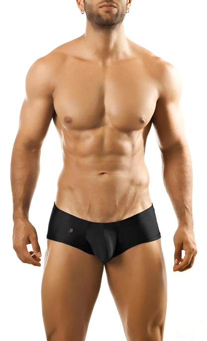 Black form-fitting Joe Snyder bulge boxer briefs with a subtle logo on the left hip made from stretchy fabric