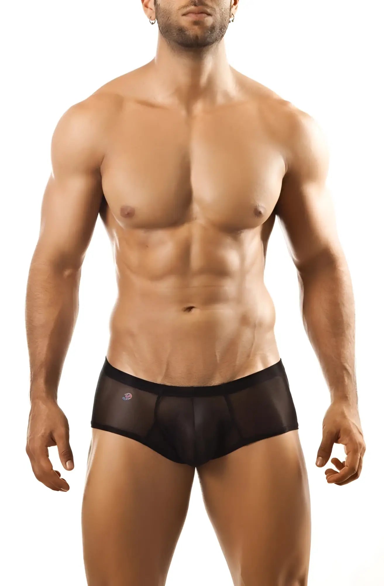Black sheer mesh briefs with solid waistband and subtle logo on left hip from joe snyder bulge boxer collection