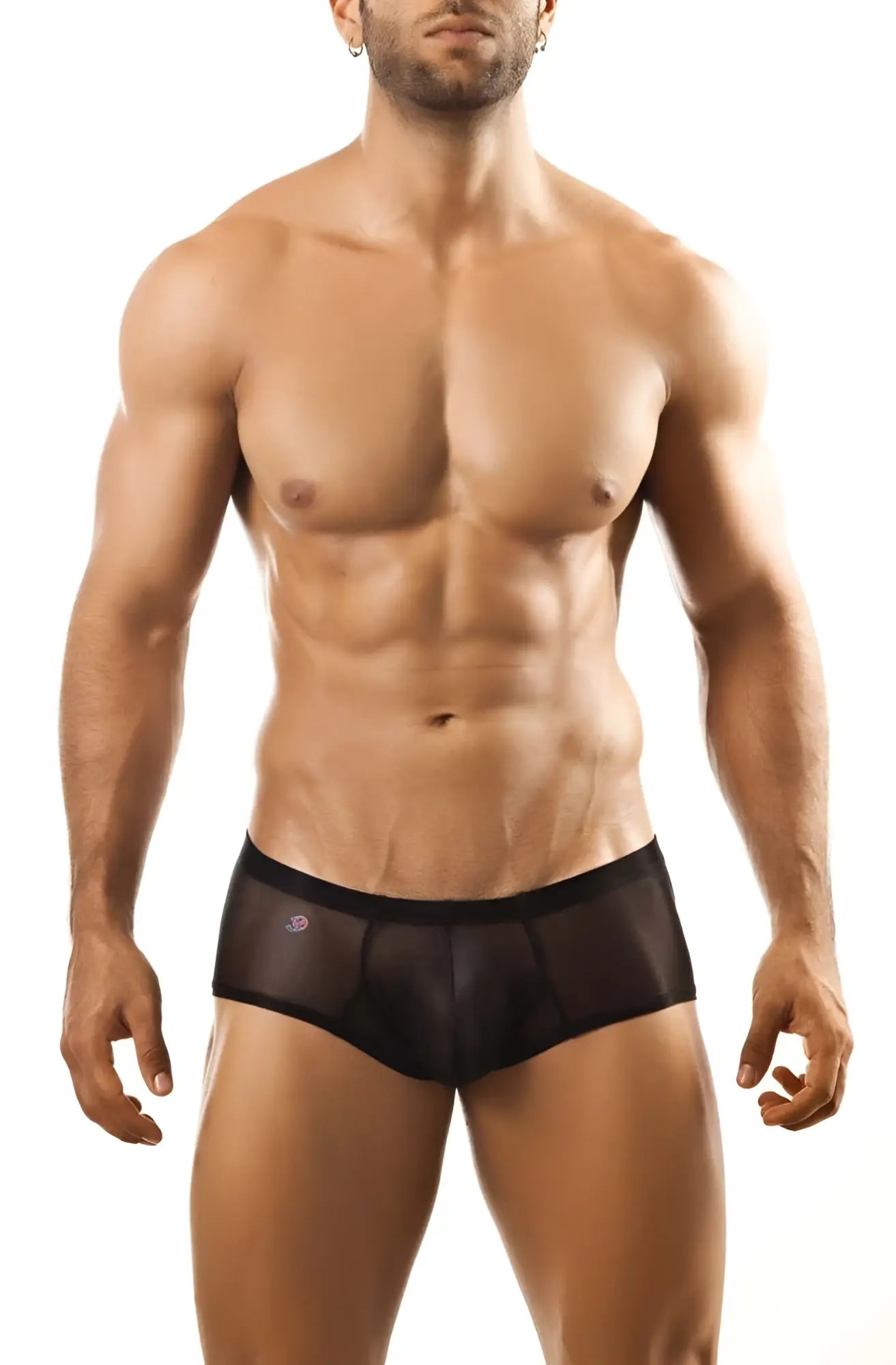 Black sheer mesh joe snyder bulge boxer briefs with subtle logo waistband shown from the back side