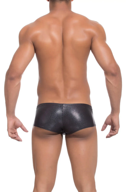 Black shiny faux leather joe snyder bulge boxer briefs with a sleek form-fitting design