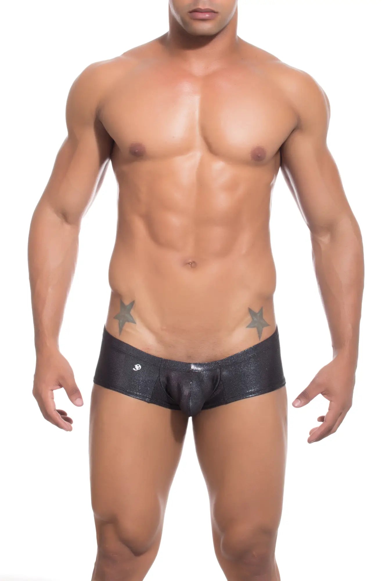Joe Snyder bulge boxer black shiny faux leather briefs with subtle texture and small silver logo on left hip