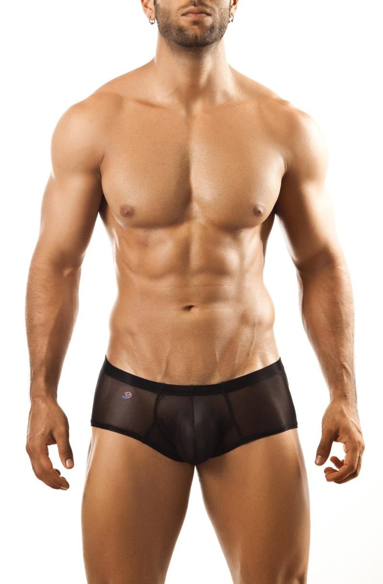 Black sheer mesh briefs with solid black waistband and subtle logo on the left hip by Joe Snyder Bulge Boxer
