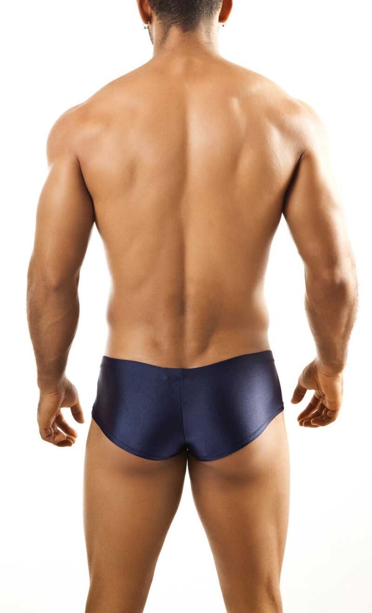 Navy blue satin joe snyder bulge boxer swim trunks with contoured pouch for enhanced support and style