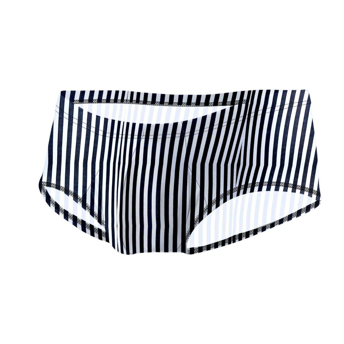 Joe Snyder bulge boxer black and white vertically striped men’s briefs with subtle textured trim along edges