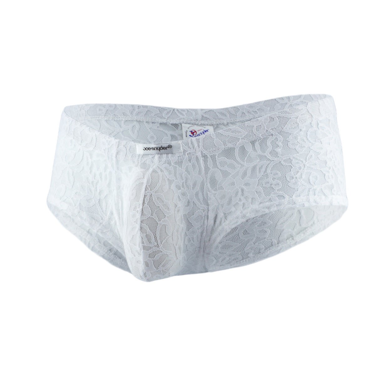 White lace Joe Snyder bulge boxer featuring a delicate floral pattern in soft sheer fabric for men