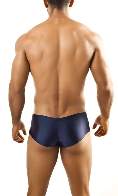 Navy blue satin swim trunks joe snyder bulge boxer showcasing smooth material and sleek design for swimwear use