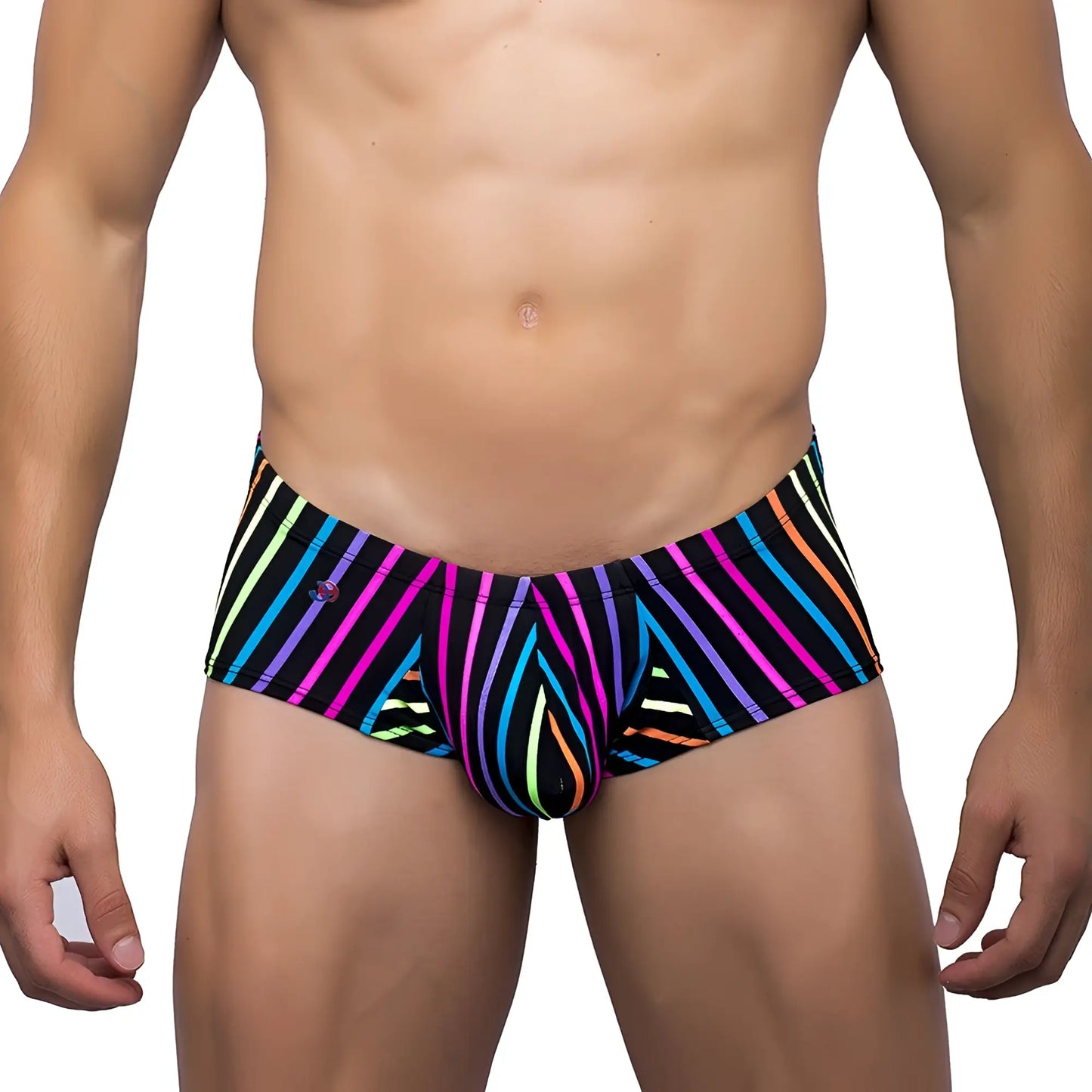 Joe Snyder bulge boxer vibrant rainbow-striped swim trunks with bold geometric pattern for swimwear use