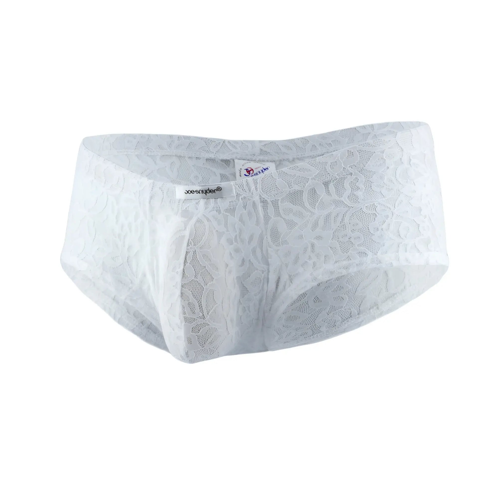 White lace men’s bulge boxer by joe snyder with delicate floral pattern and soft sheer fabric