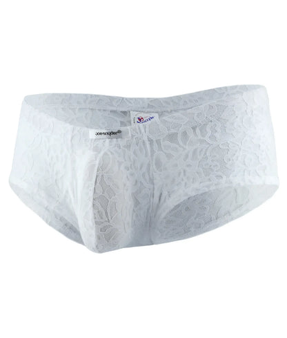 White lace joe snyder bulge boxer men’s underwear with delicate floral pattern and sheer mesh detailing