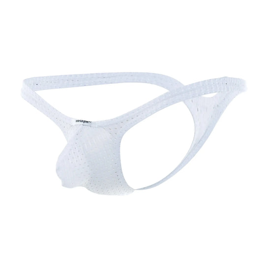 White mesh Joe Snyder bulge thong with supportive contoured design and subtle perforations for breathability