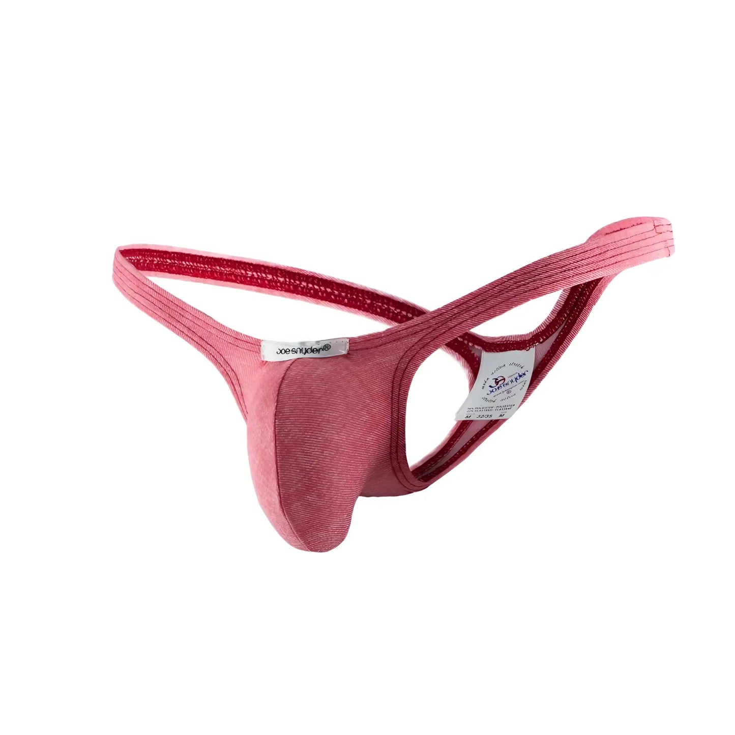 Joe snyder bulge thong pink denim style jockstrap with red inner lining and adjustable straps back side view