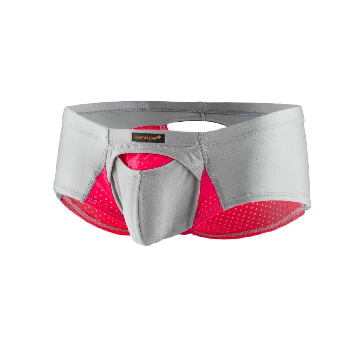 Gray and pink perforated mesh briefs with central pouch design and joe’s underwear label in joe snyder cheek sexiest